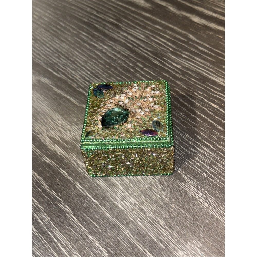 BLING! Emerald Green Jewel Embellished Trinket Box Rhinestone Glitter #E. NM#3